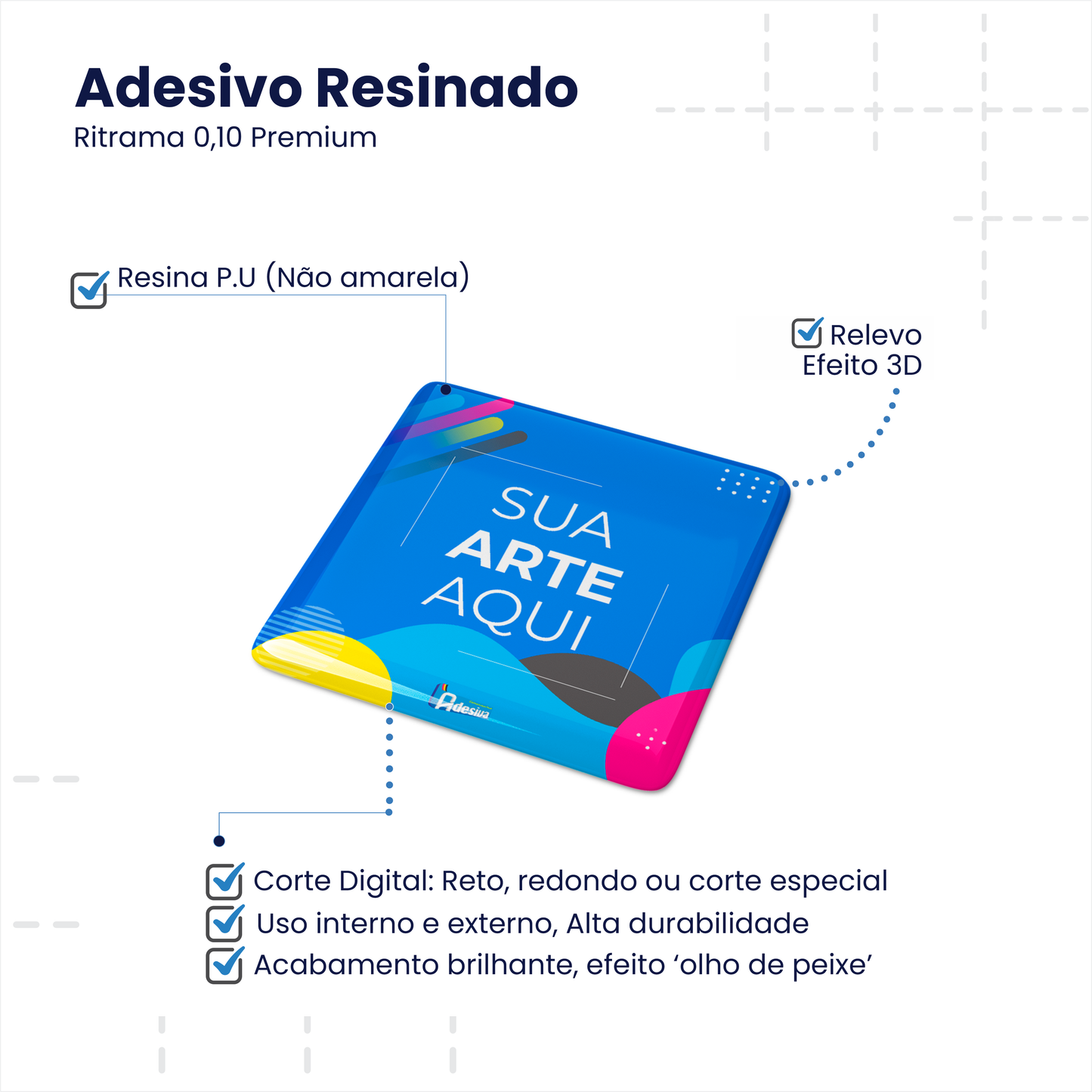 3X3 cm - Adesivo Resinado Personalizado - Resina PU - Quadrado