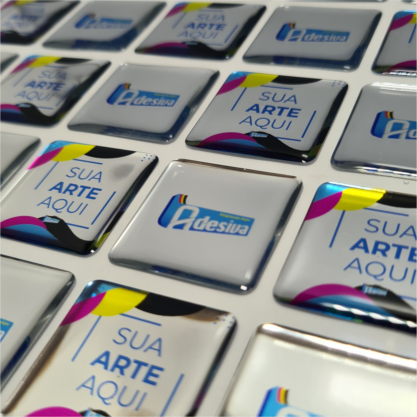 3X3 cm - Adesivo Resinado Prata Personalizado - Resina PU - Quadrado