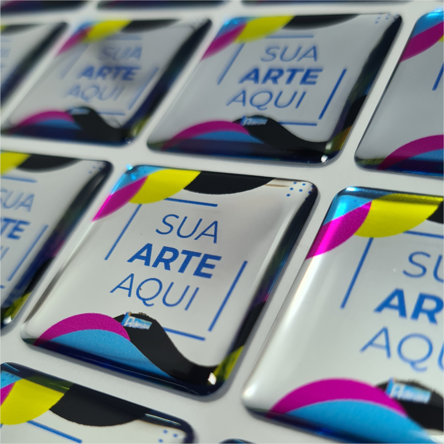 3X3 cm - Adesivo Resinado Prata Personalizado - Resina PU - Quadrado