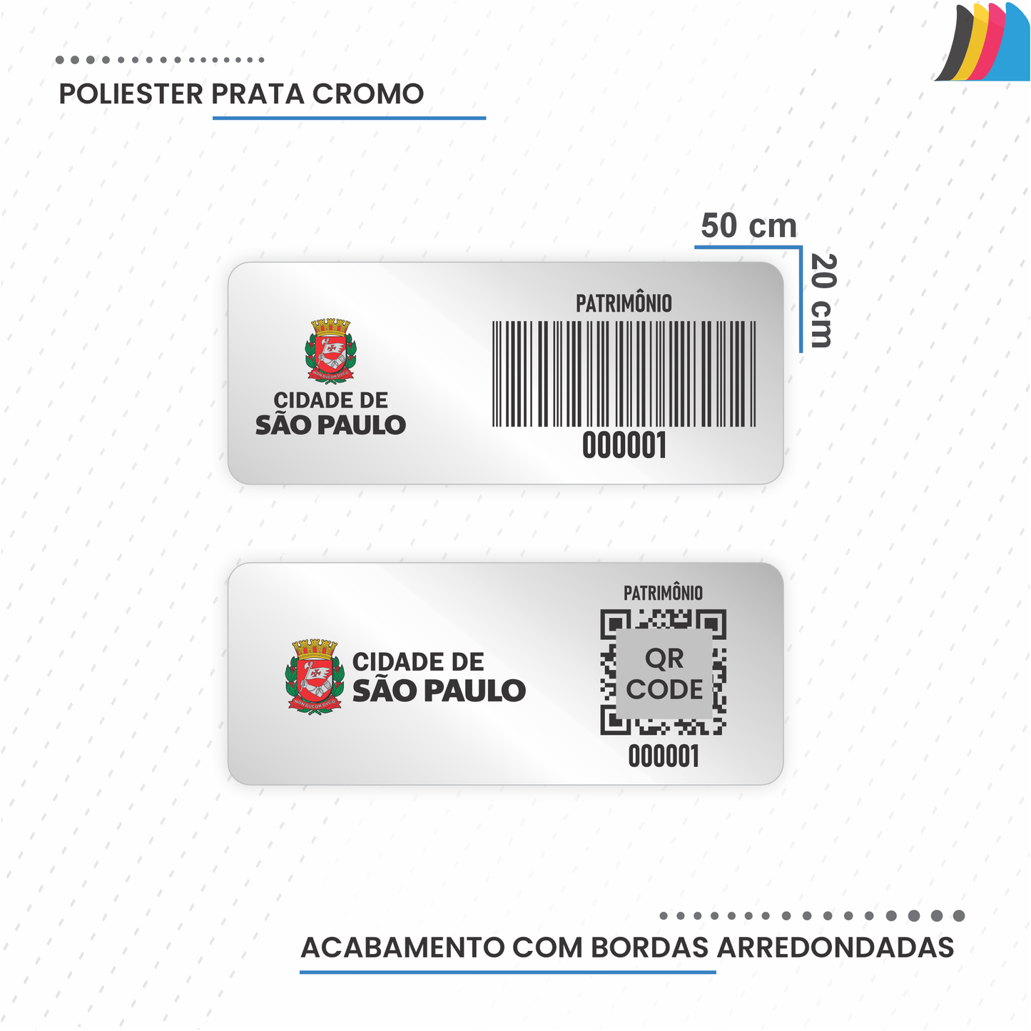 50X20 mm - Etiqueta de Patrimônio Ativo Fixo em Poliéster Cromo Fosco