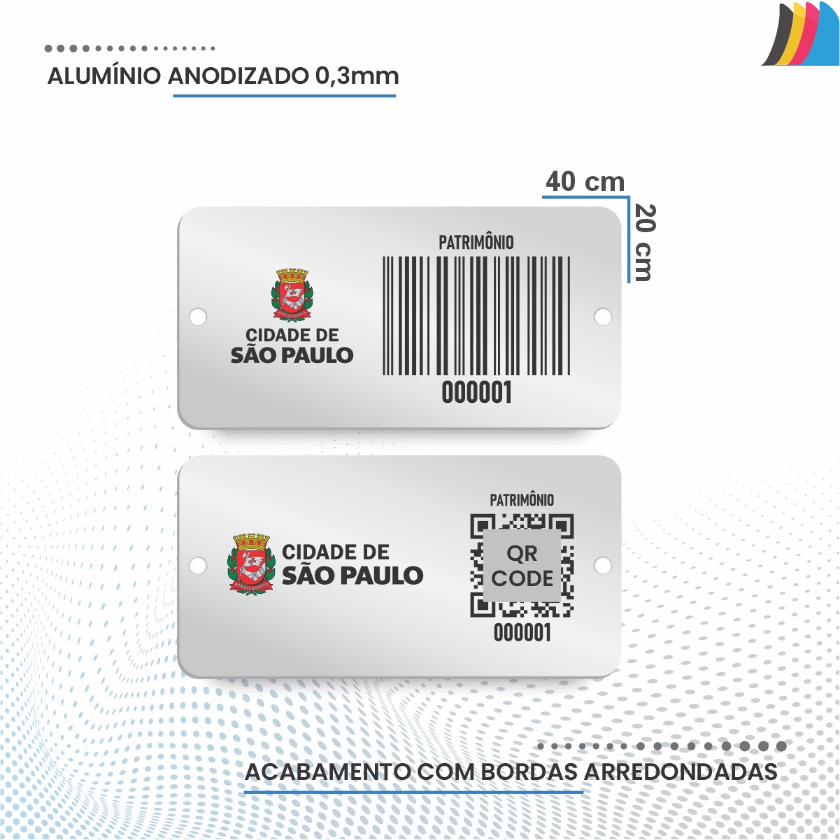 40X20 mm - Placa de Patrimônio Ativo Fixo em Alumínio Anodizado 0,3 mm