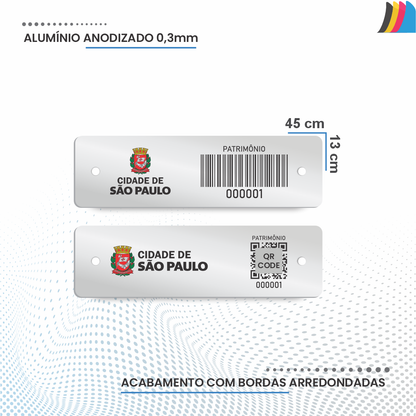 45X13 mm - Placa de Patrimônio Ativo Fixo em Alumínio Anodizado 45X13 mm