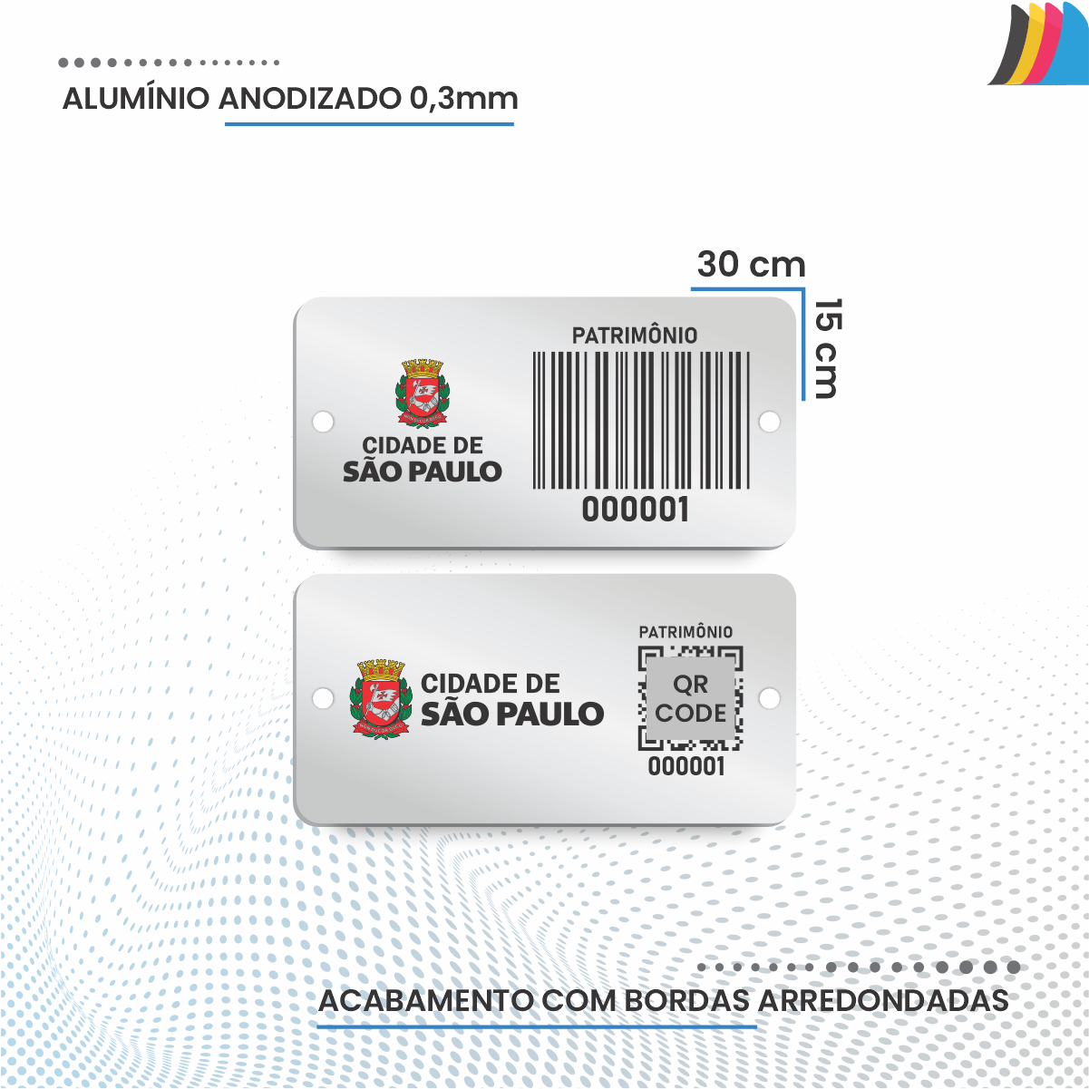 30X15 mm - Placa de Patrimônio Ativo Fixo em Alumínio Anodizado 0,3 mm