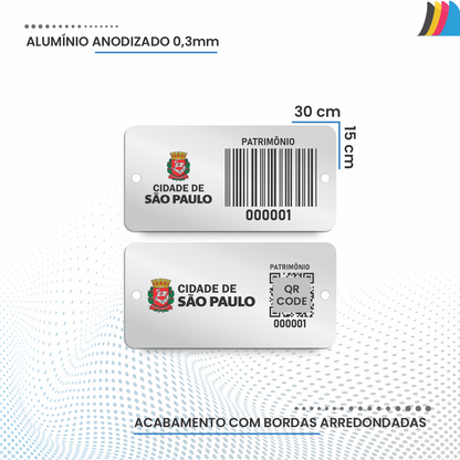 30X15 mm - Placa de Patrimônio Ativo Fixo em Alumínio Anodizado 0,3 mm