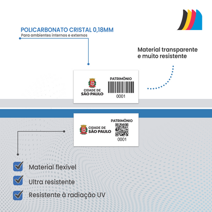30X15 mm - Etiqueta de Patrimônio Ativo Fixo em Policarbonato Cristal 0.18 mm