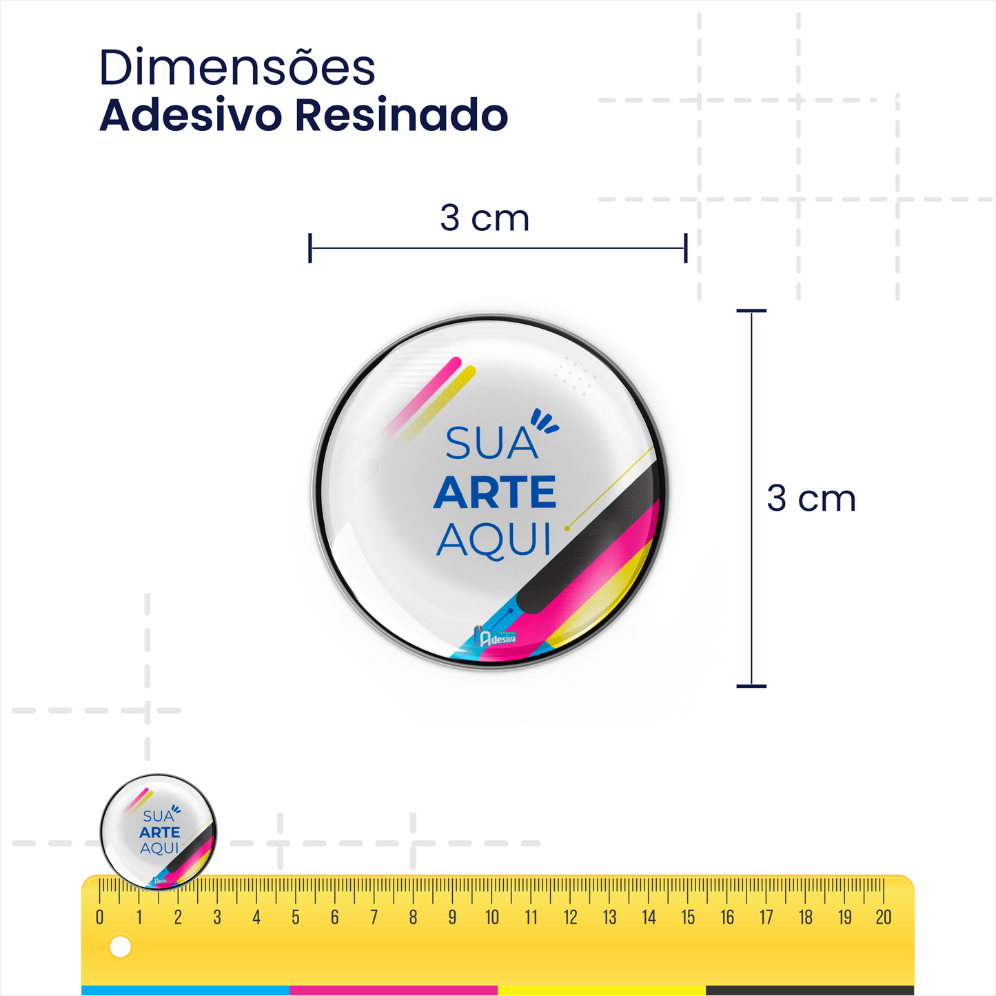 3X3 cm - Adesivo Resinado Prata Personalizado - Resina PU - Redondo