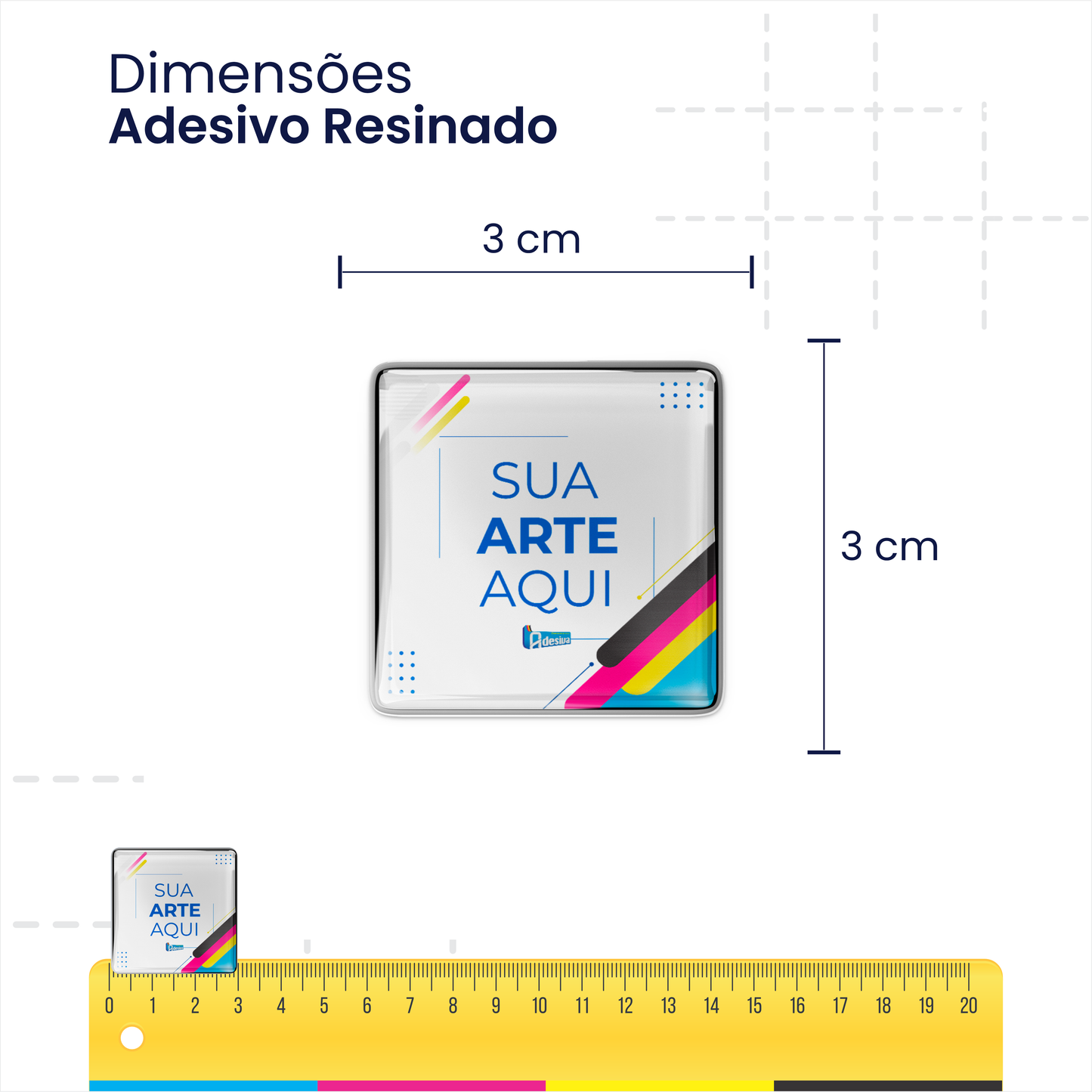 3X3 cm - Adesivo Resinado Prata Personalizado - Resina PU - Quadrado