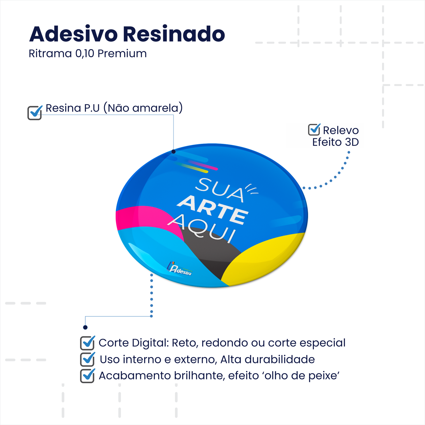 3X3 cm - Adesivo Resinado Personalizado - Resina PU - Redondo