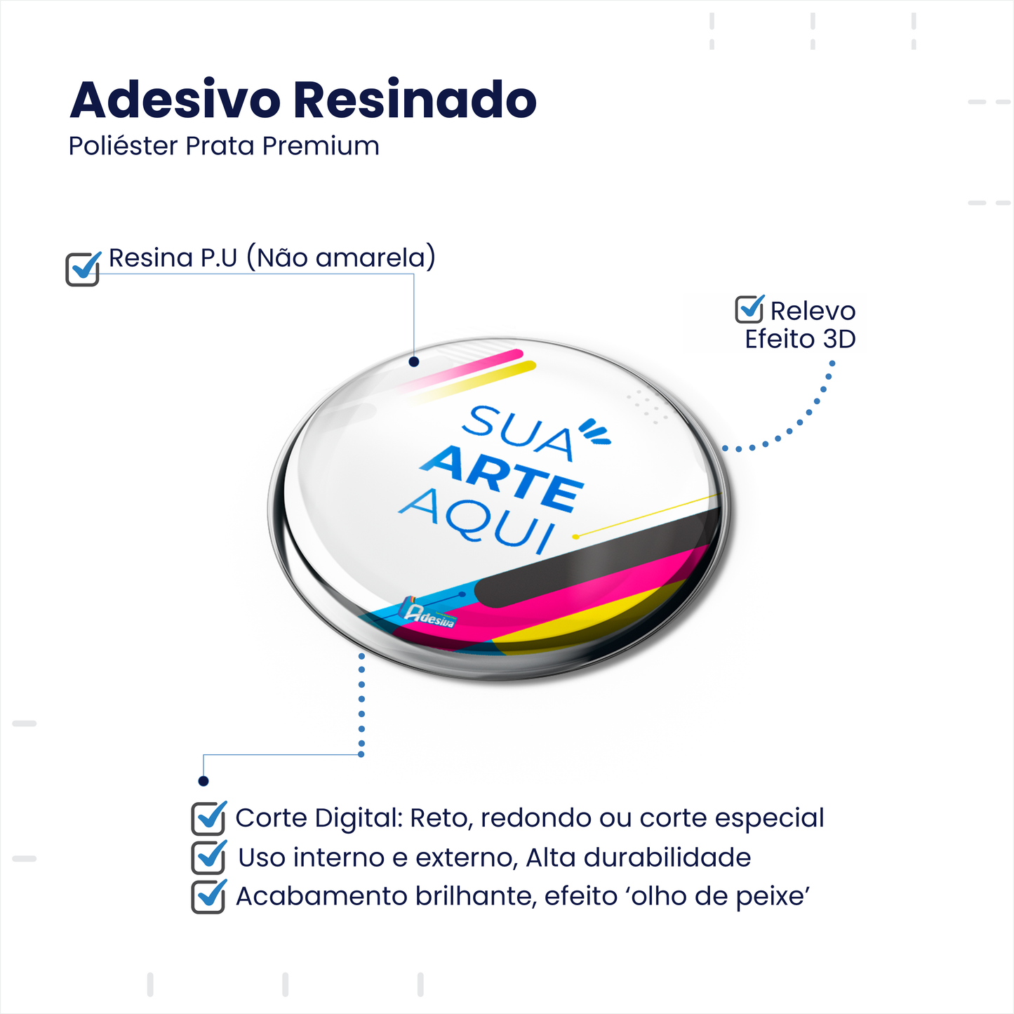 3X3 cm - Adesivo Resinado Prata Personalizado - Resina PU - Redondo