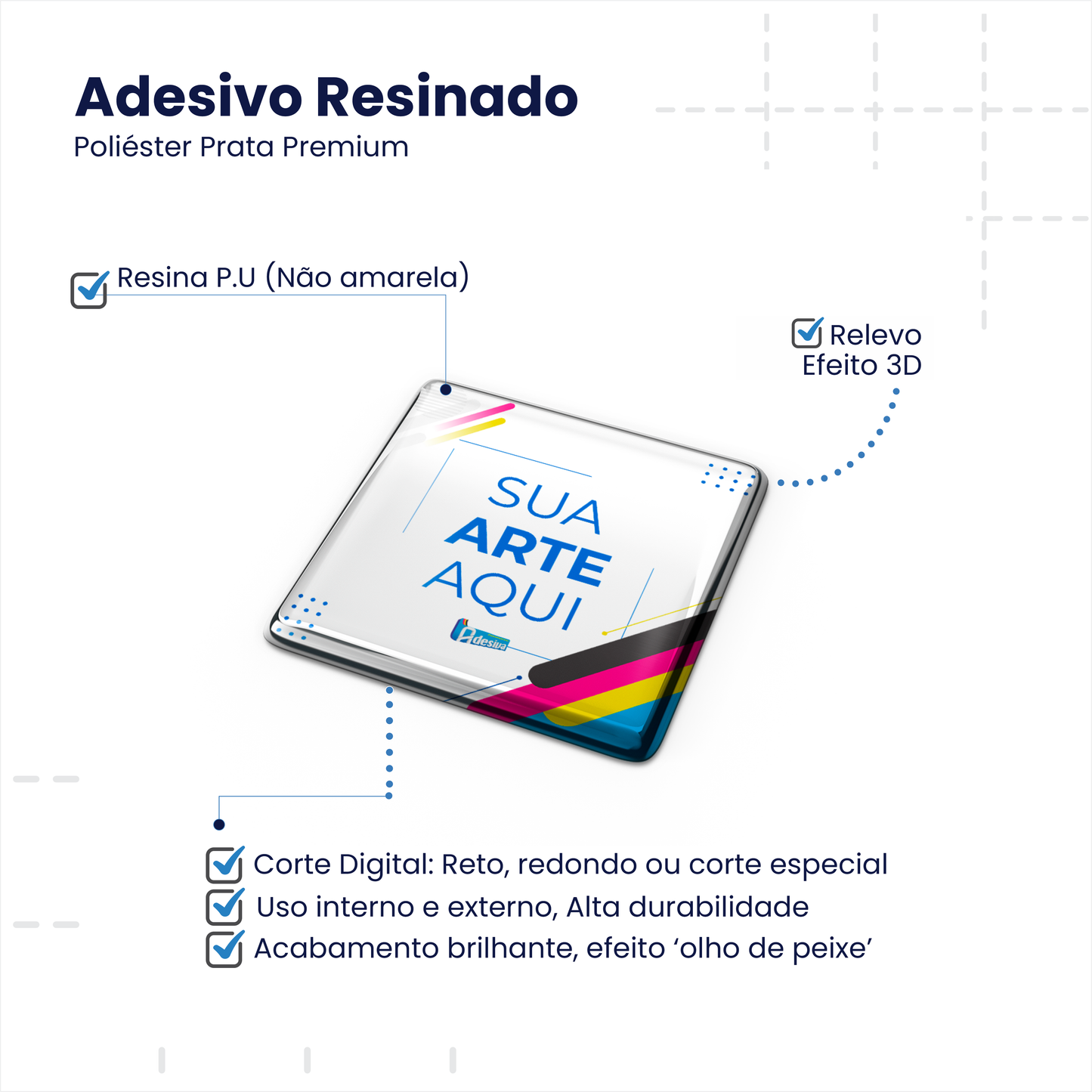 3X3 cm - Adesivo Resinado Prata Personalizado - Resina PU - Quadrado