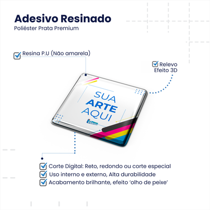 3X3 cm - Adesivo Resinado Prata Personalizado - Resina PU - Quadrado