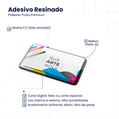 5X2,5 cm - Adesivo Resinado Prata Personalizado - Resina PU